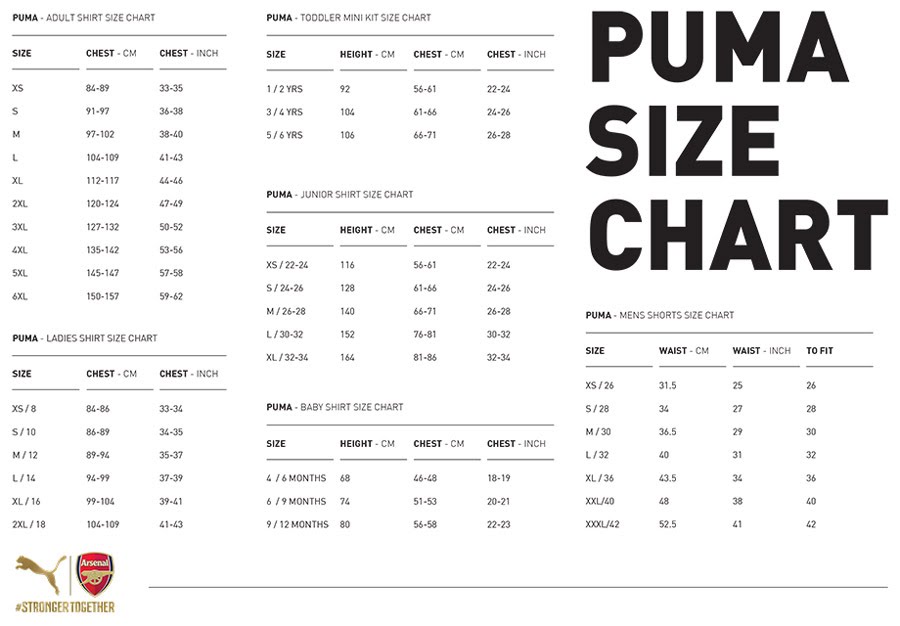 puma sneaker size chart